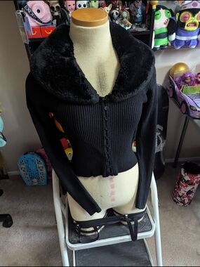 Ardene Black Faux Fur Collar (Removable) Ribbed Button-Up Cardigan